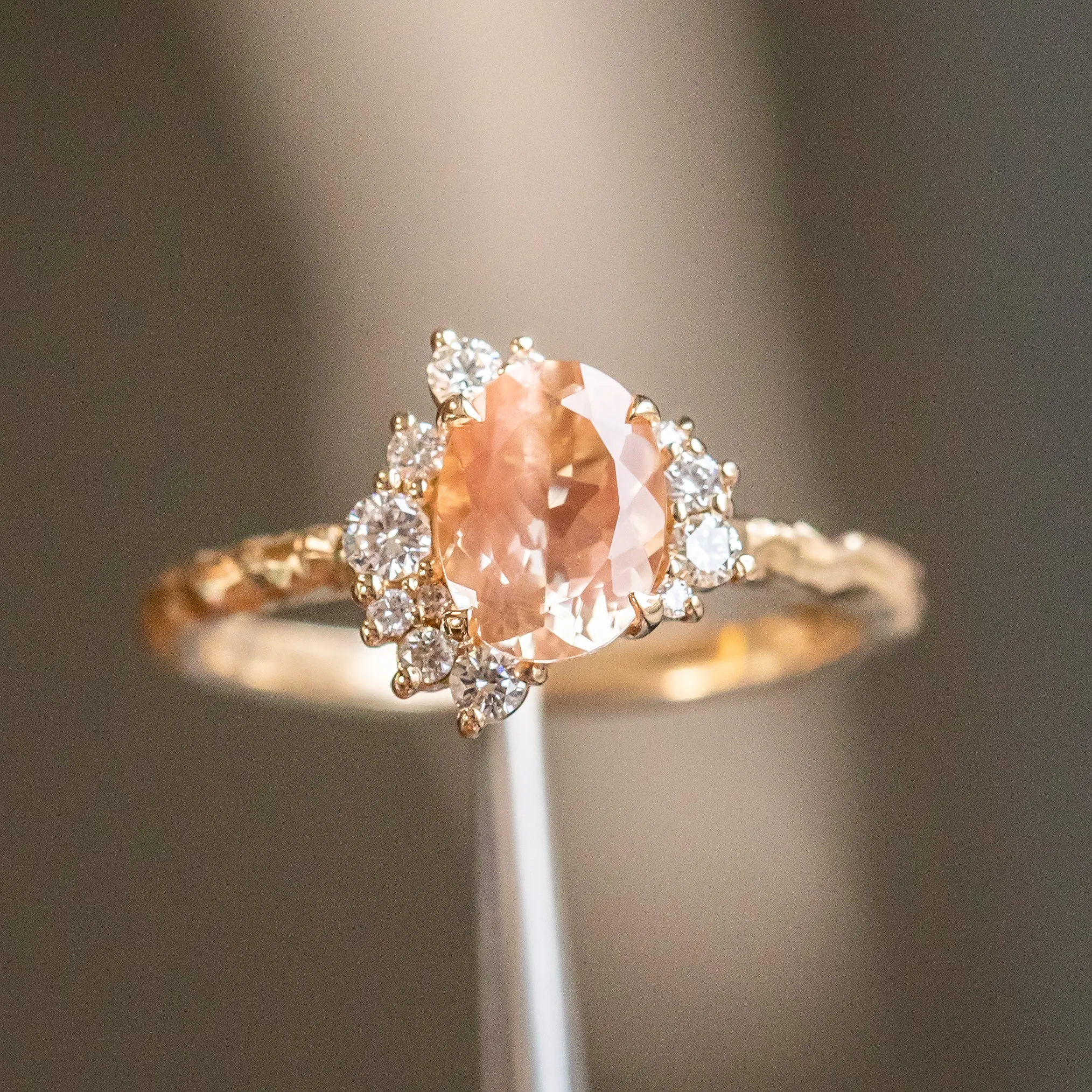 1.25ct Oval Sunstone Asymmetrical Evergreen Cluster Ring In 14k Yellow Gold