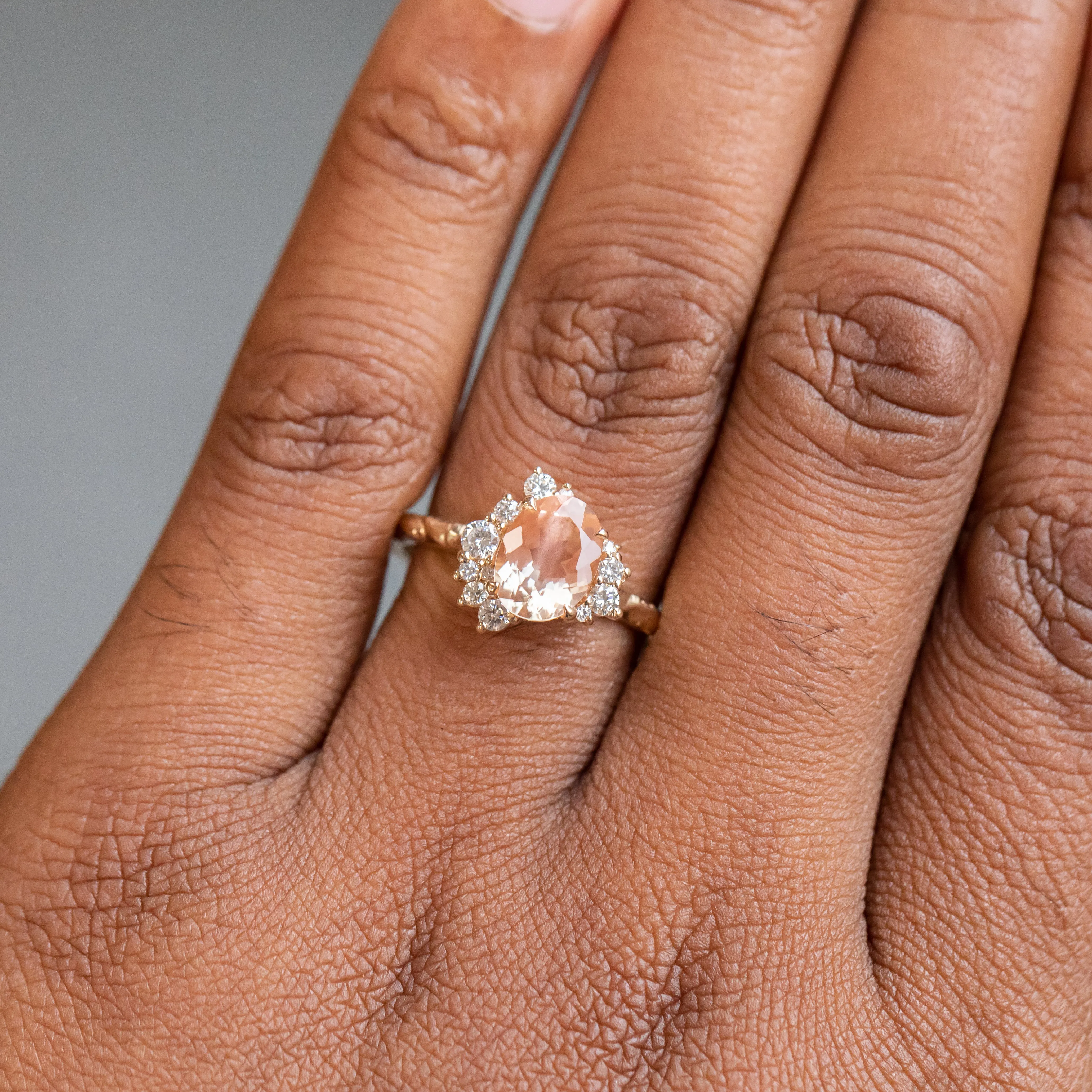 1.25ct Oval Sunstone Asymmetrical Evergreen Cluster Ring In 14k Yellow Gold