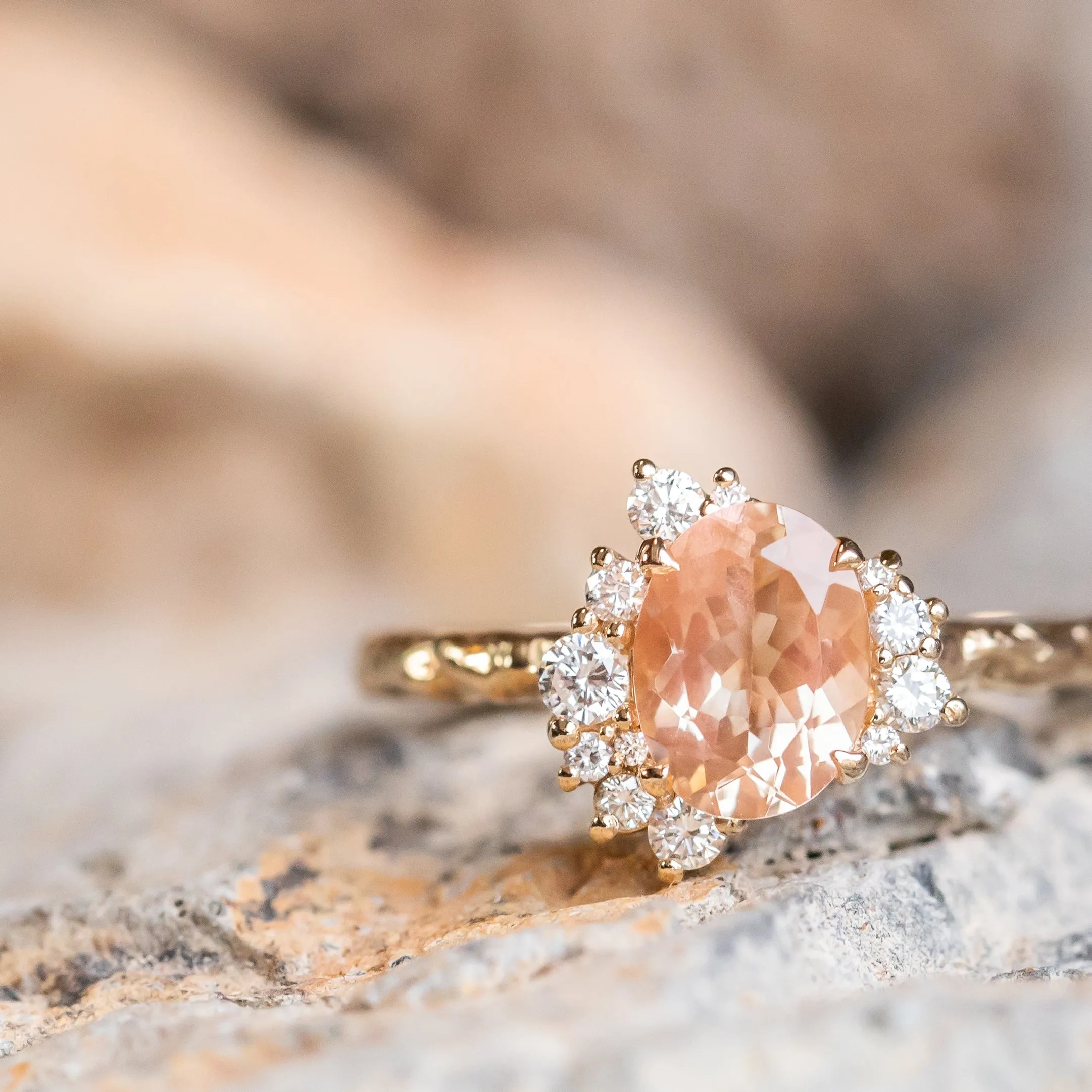 1.25ct Oval Sunstone Asymmetrical Evergreen Cluster Ring In 14k Yellow Gold