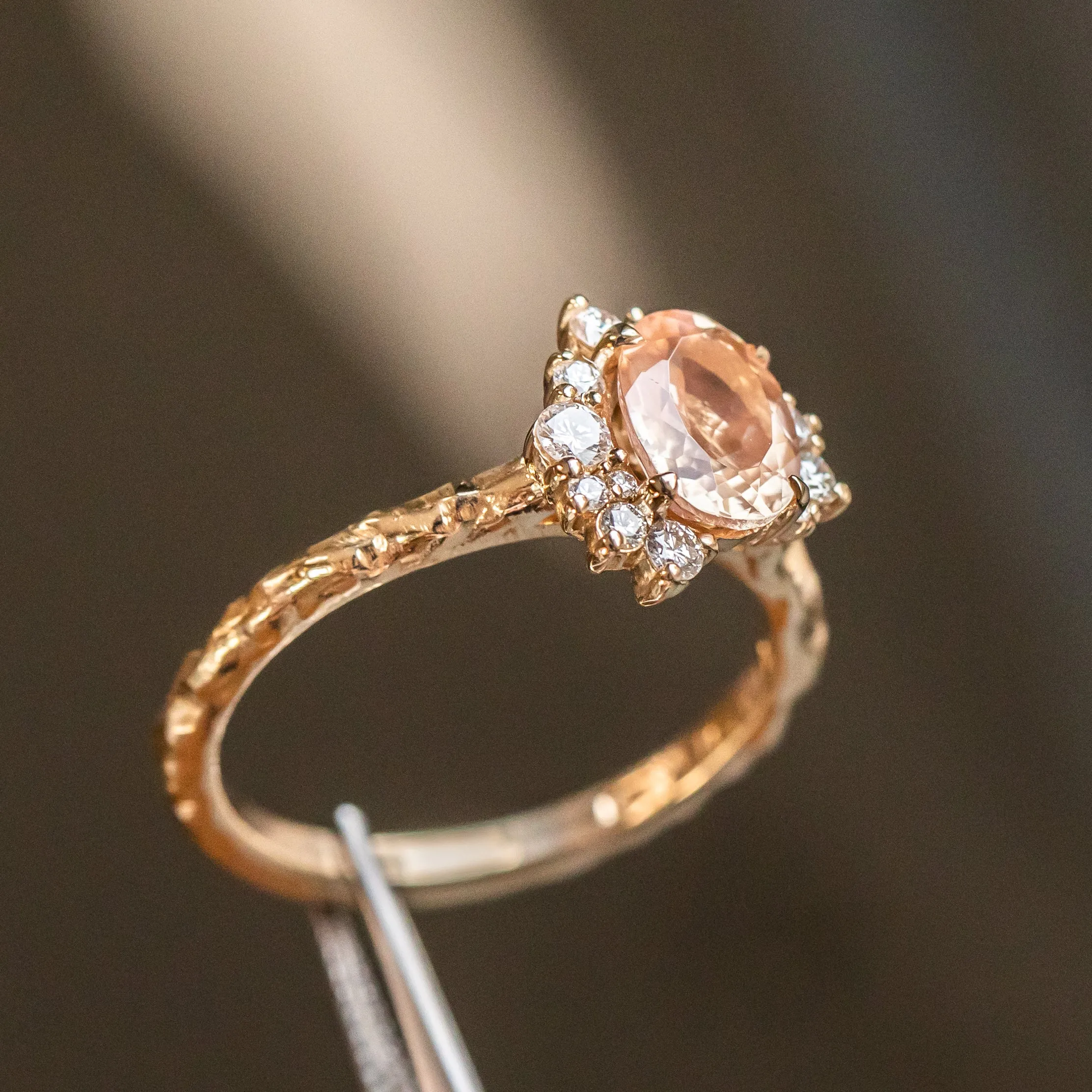 1.25ct Oval Sunstone Asymmetrical Evergreen Cluster Ring In 14k Yellow Gold