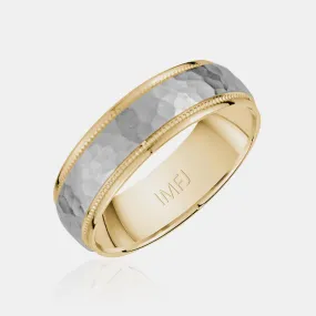 14K Two-Tone Brushed Hammered Center with Milgrain Edges Wedding Band