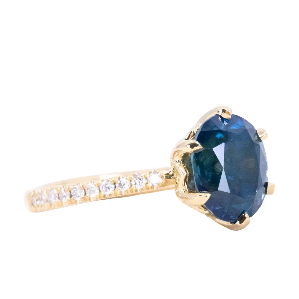 4.02ct Oval Blue Madagascar Sapphire Lotus Six Prong Solitaire with Diamonds in 14k Yellow Gold