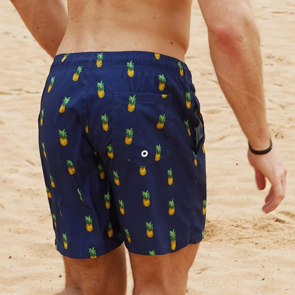 7 Inch Inseam Navy Pineapple Swim Trunks