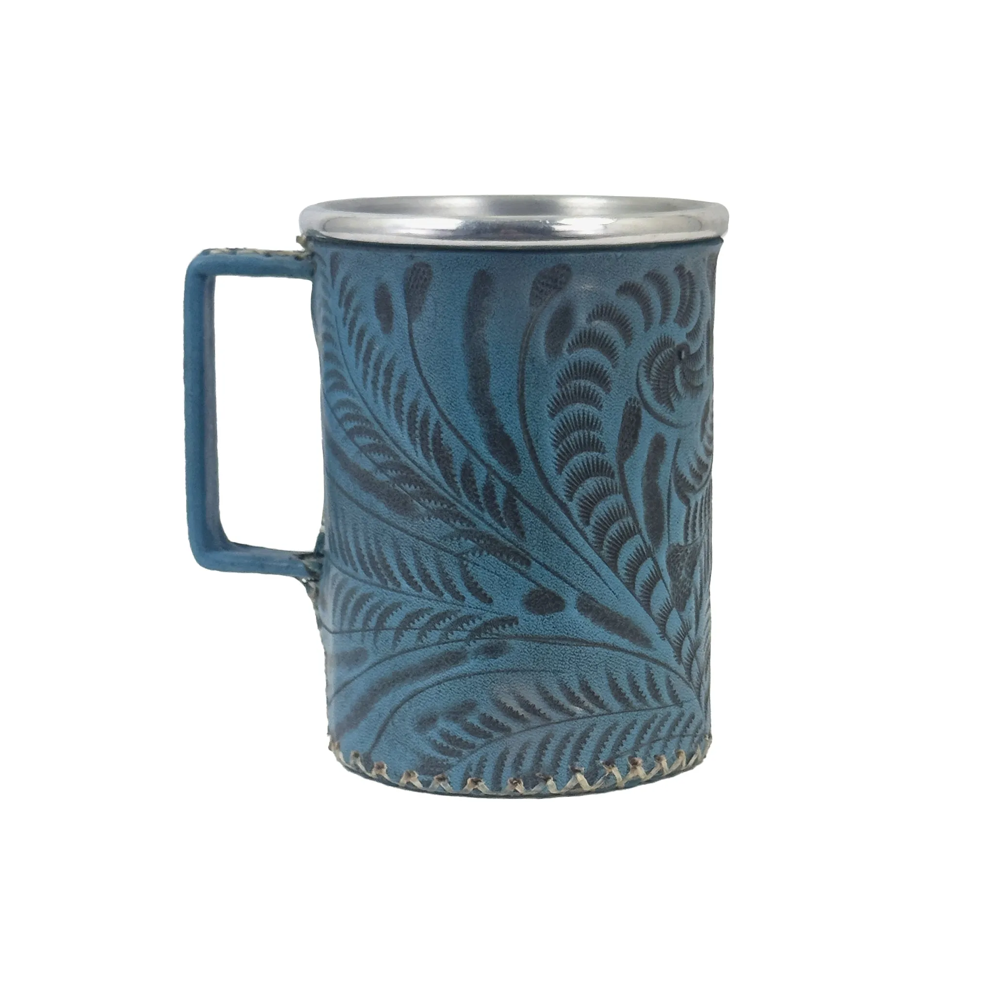 American West at Home Stainless Steel Mug with Handle and Tooled Leather