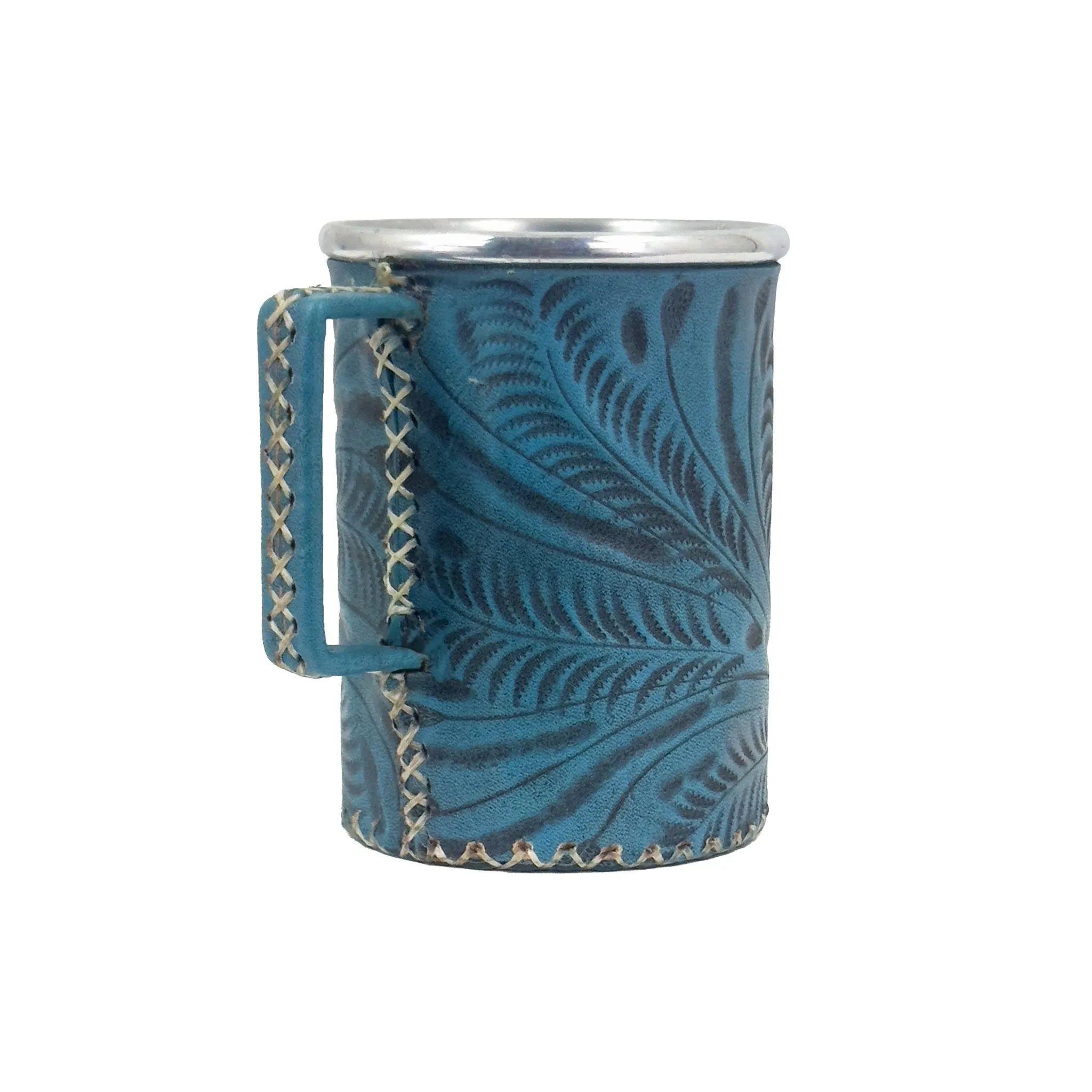 American West at Home Stainless Steel Mug with Handle and Tooled Leather