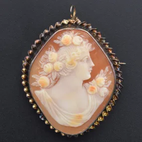 Antique 10K Yellow Gold Cameo Shell Brooch Pin Pendant