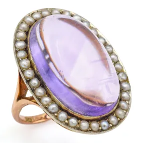 Antique 14K Yellow Gold 14.84 Ct Amethyst & Sea Pearl Cocktail Ring