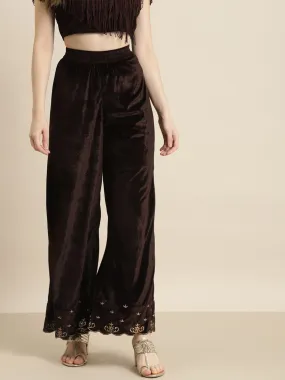 Brown Velvet Embroidered Flared Pants