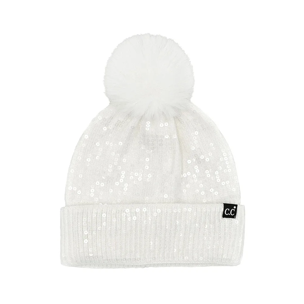 C.C All Over Clear Sequin Pom Beanie