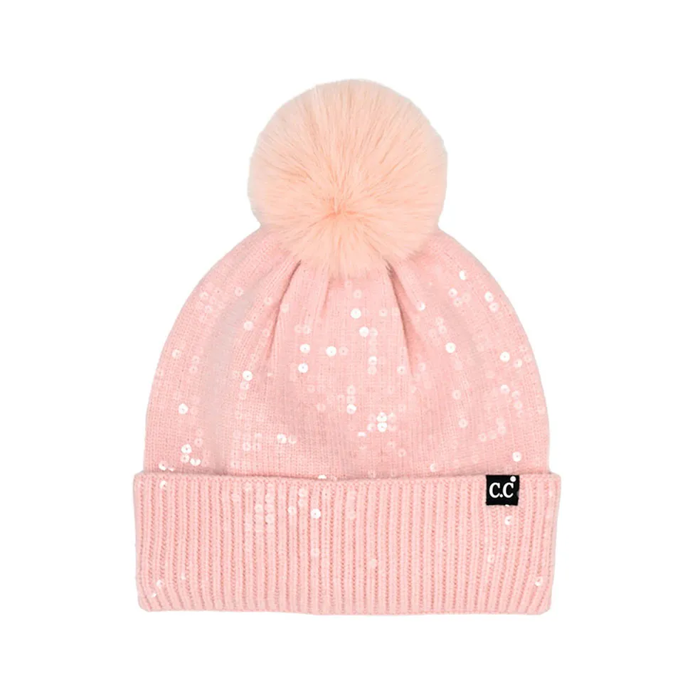 C.C All Over Clear Sequin Pom Beanie