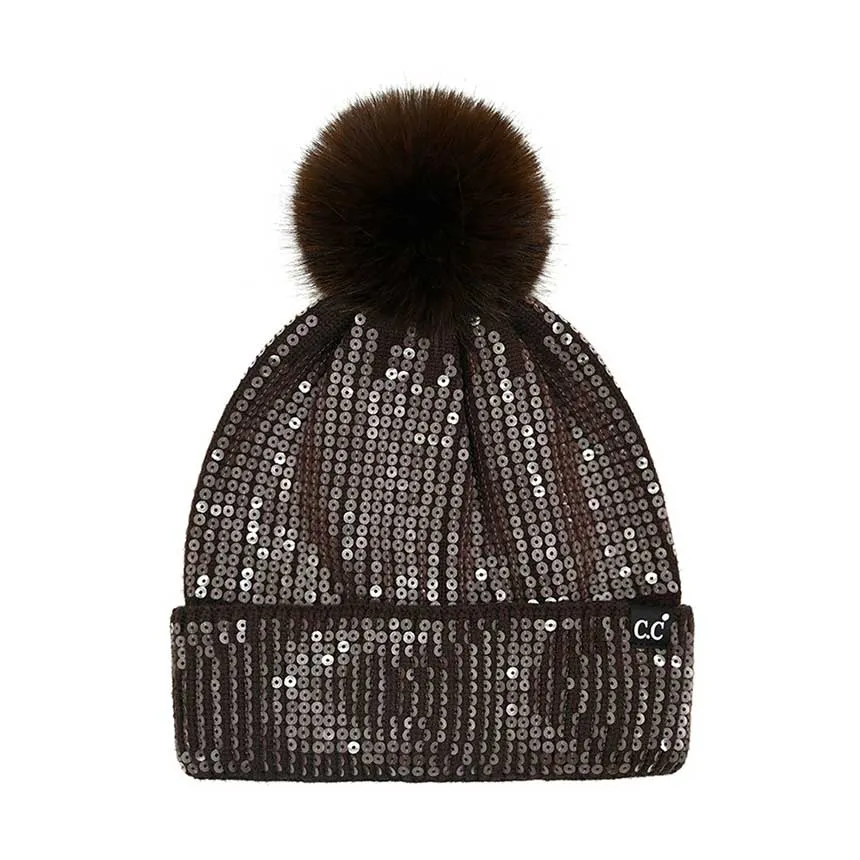 C.C All Over Clear Sequin Pom Beanie