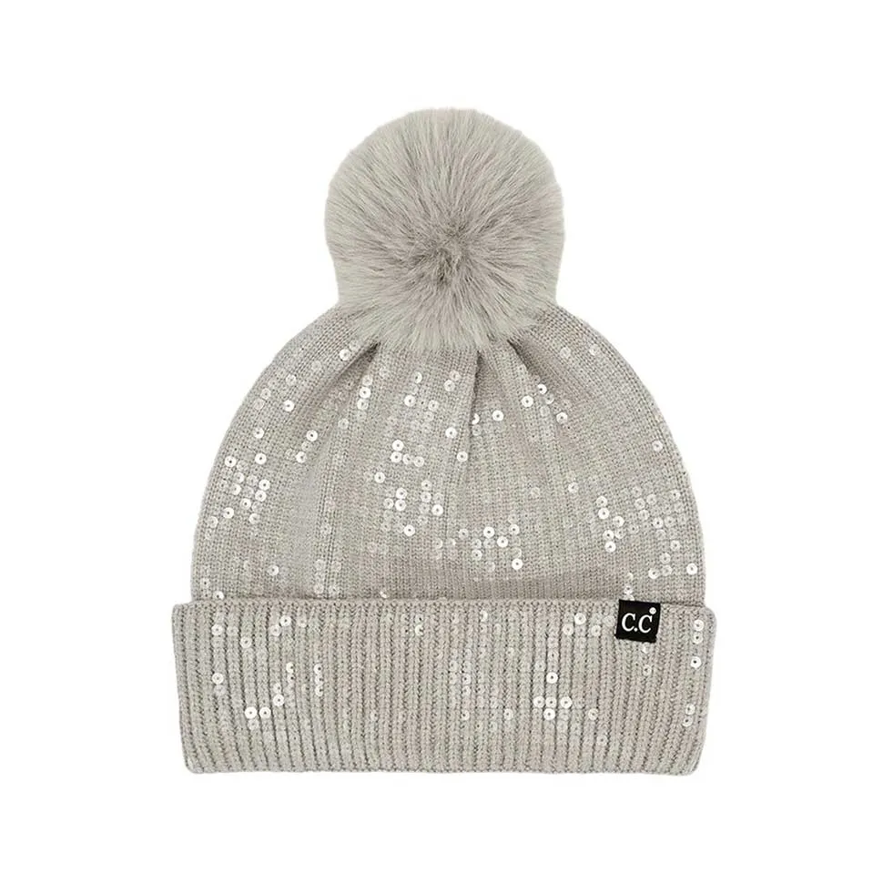 C.C All Over Clear Sequin Pom Beanie