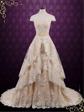 Champagne Vintage Lace Wedding Dress with Tiered Skirt MADELYN