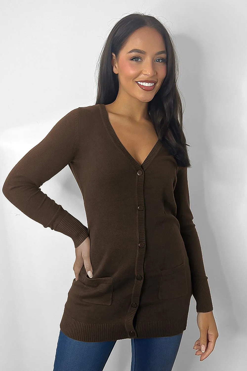 Deep V-Neck Longline Cardigan WIth Pockets