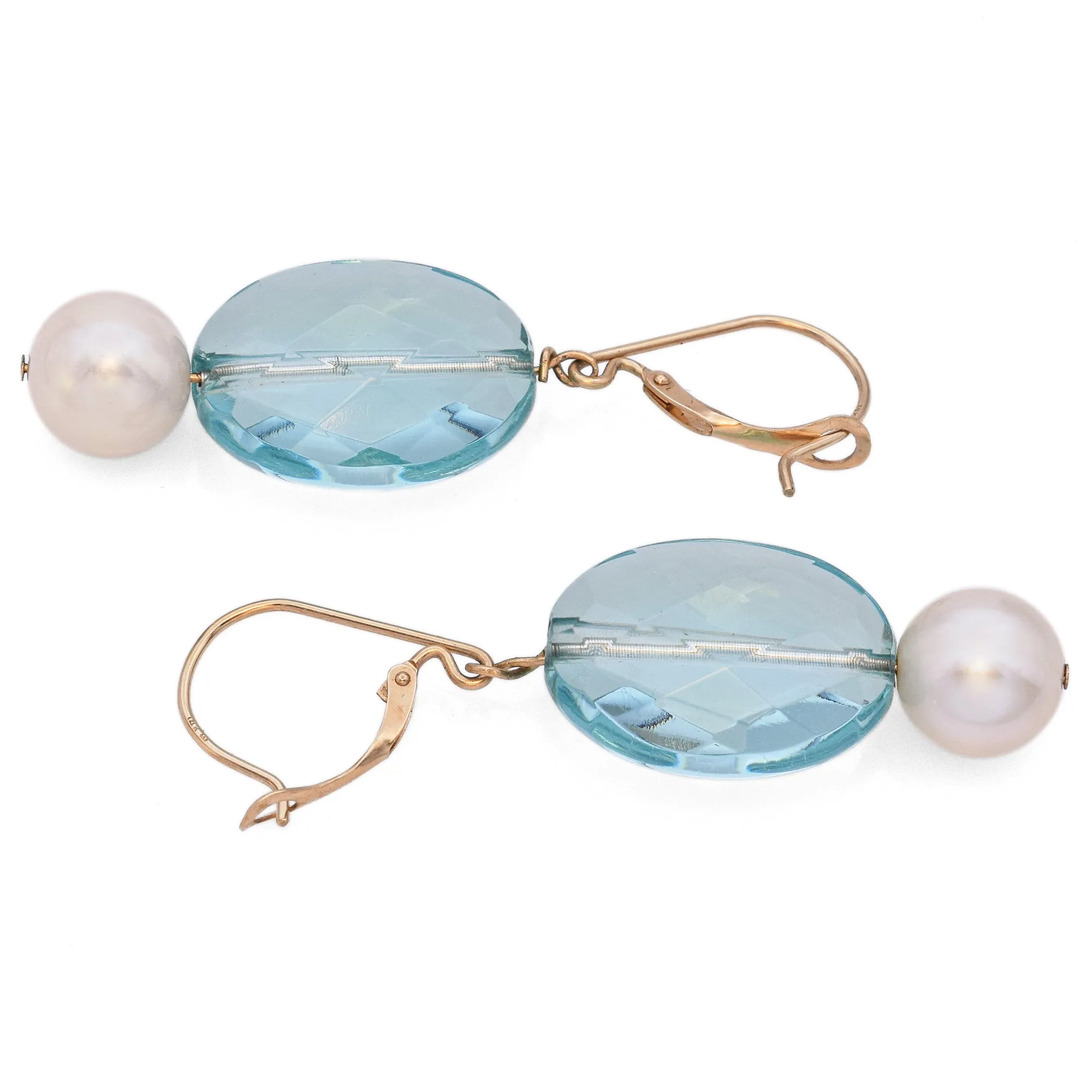 Estate 14K Yellow Gold Faceted Blue Glass & Pearl Dangle Earrings