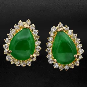 Estate 14K Yellow Gold Green Jade & 0.20 TCW Diamond Pear Stud Earrings