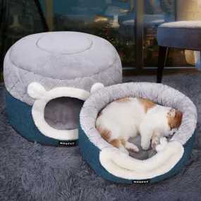 Fluffy Ears Comfy Convertible Cat Cave With Cooling Mat