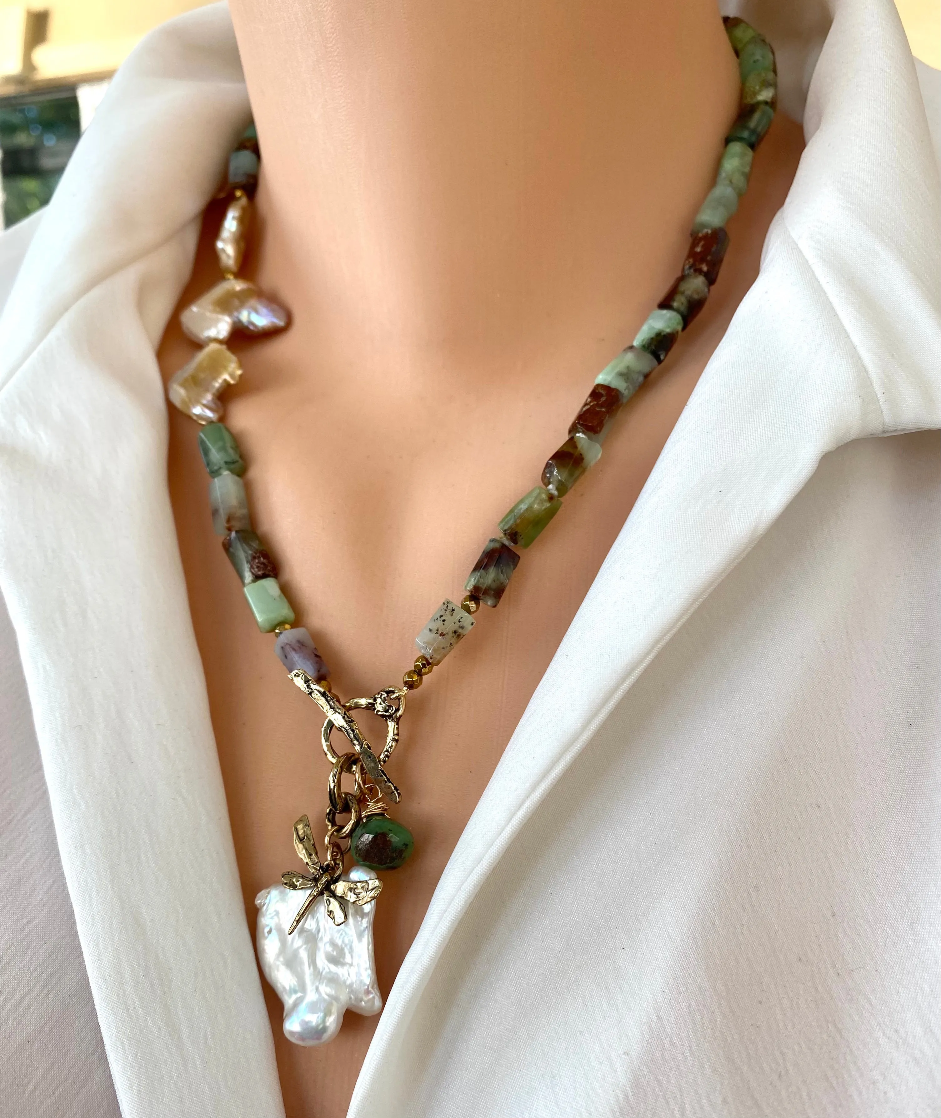 Genuine Chrysoprase Necklace, Dragonfly Charm & Large Baroque Keshi Pearl Pendant, Gold Bronze and Gold filled Details, 20in