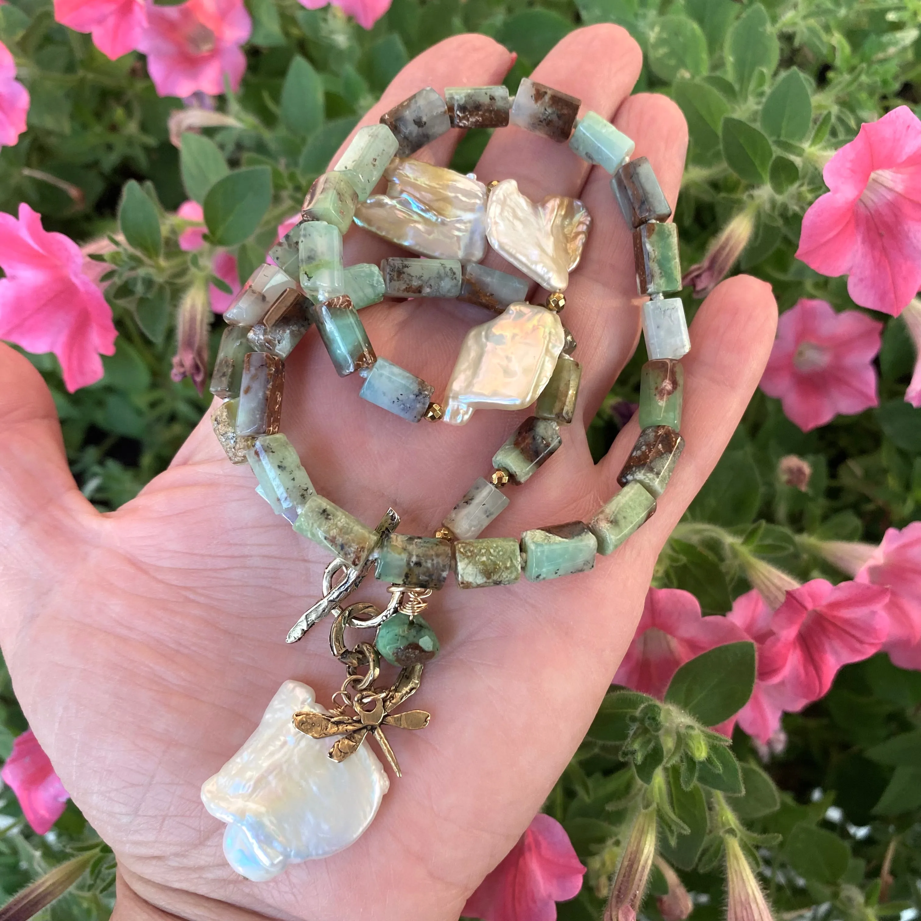 Genuine Chrysoprase Necklace, Dragonfly Charm & Large Baroque Keshi Pearl Pendant, Gold Bronze and Gold filled Details, 20in