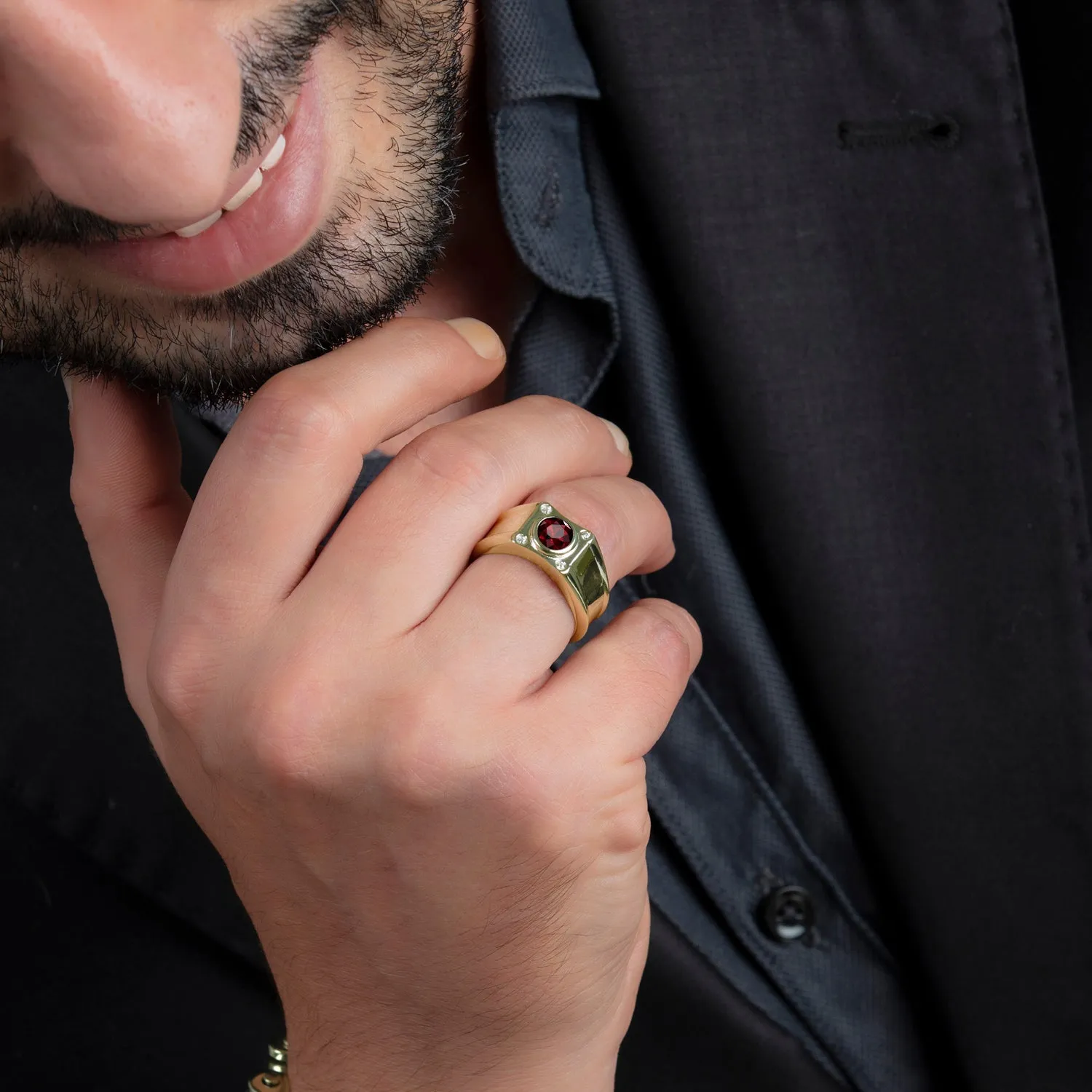 Heavyweight Ring for Man 18k Gold-Plated Silver with DIAMONDS and Ruby Handcrafted Jewelry