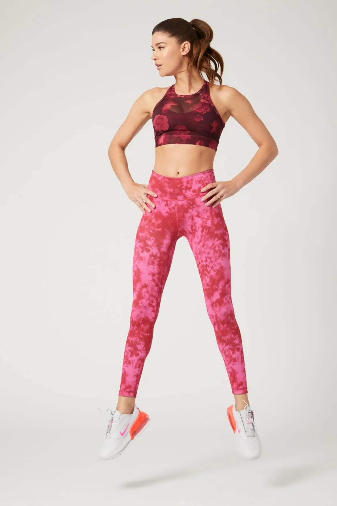 High Waist Reversible Leggings Neon Pink Flowers