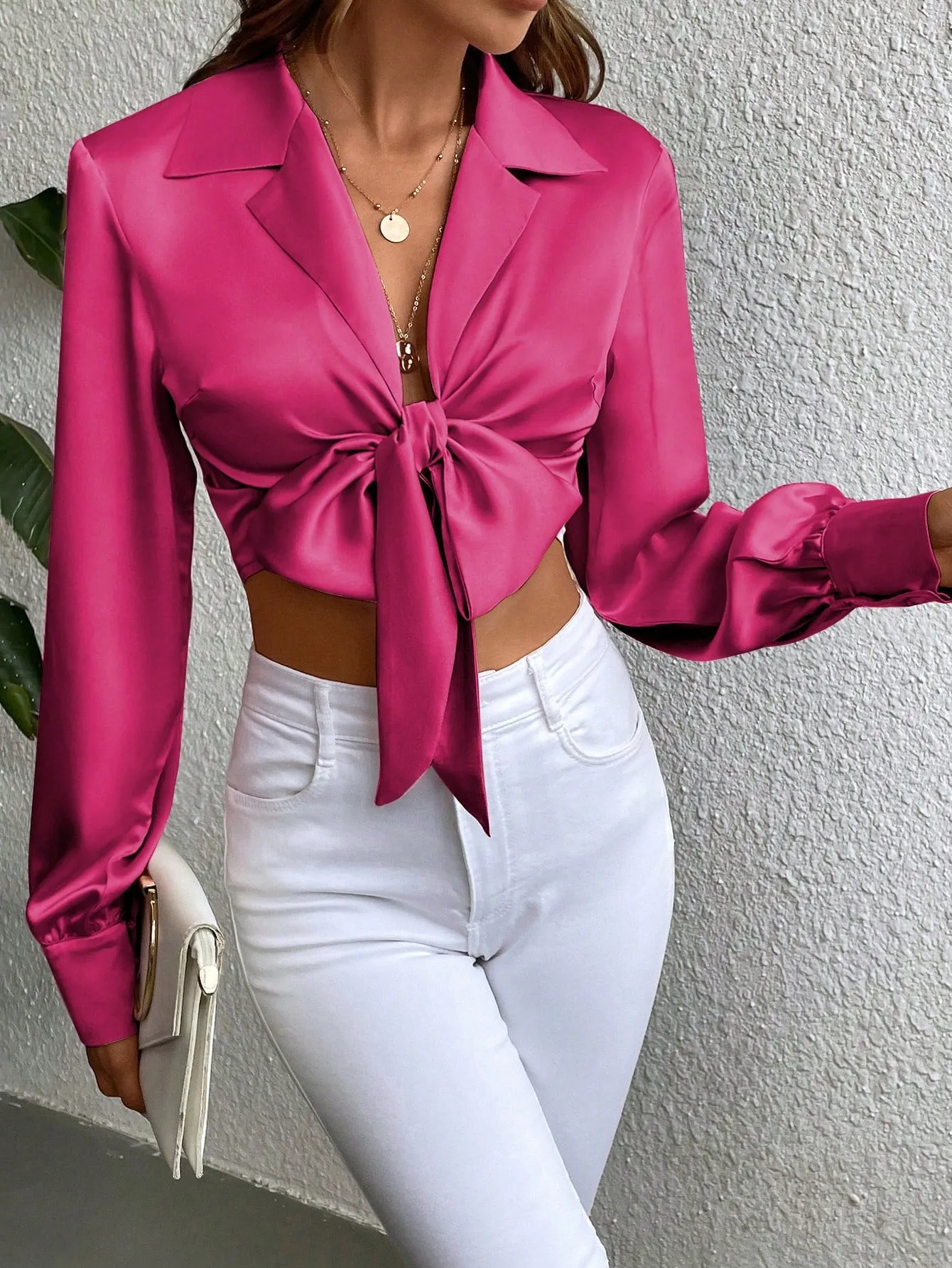 Lapel Neck Knot Front Crop Satin Blouse