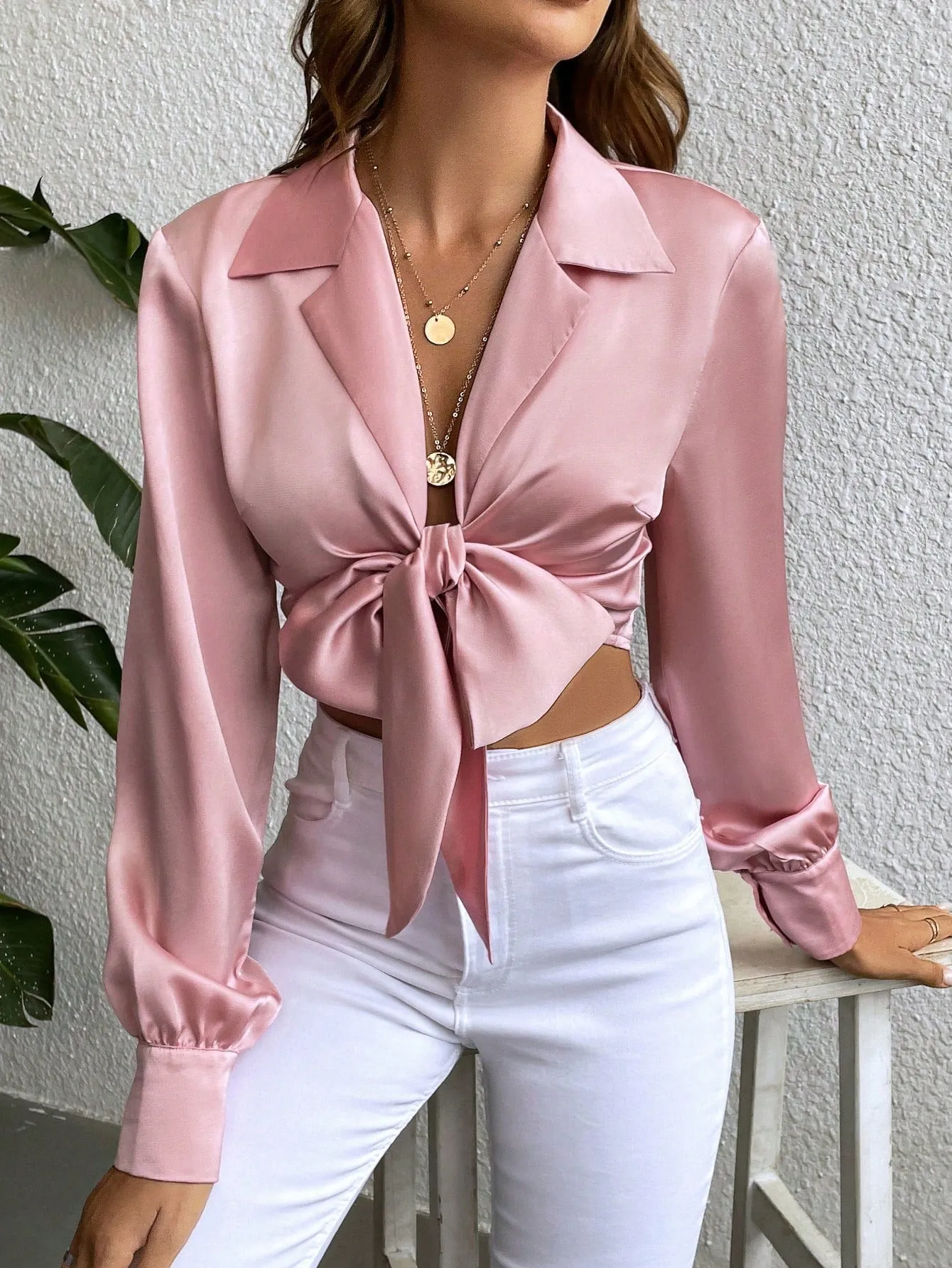 Lapel Neck Knot Front Crop Satin Blouse