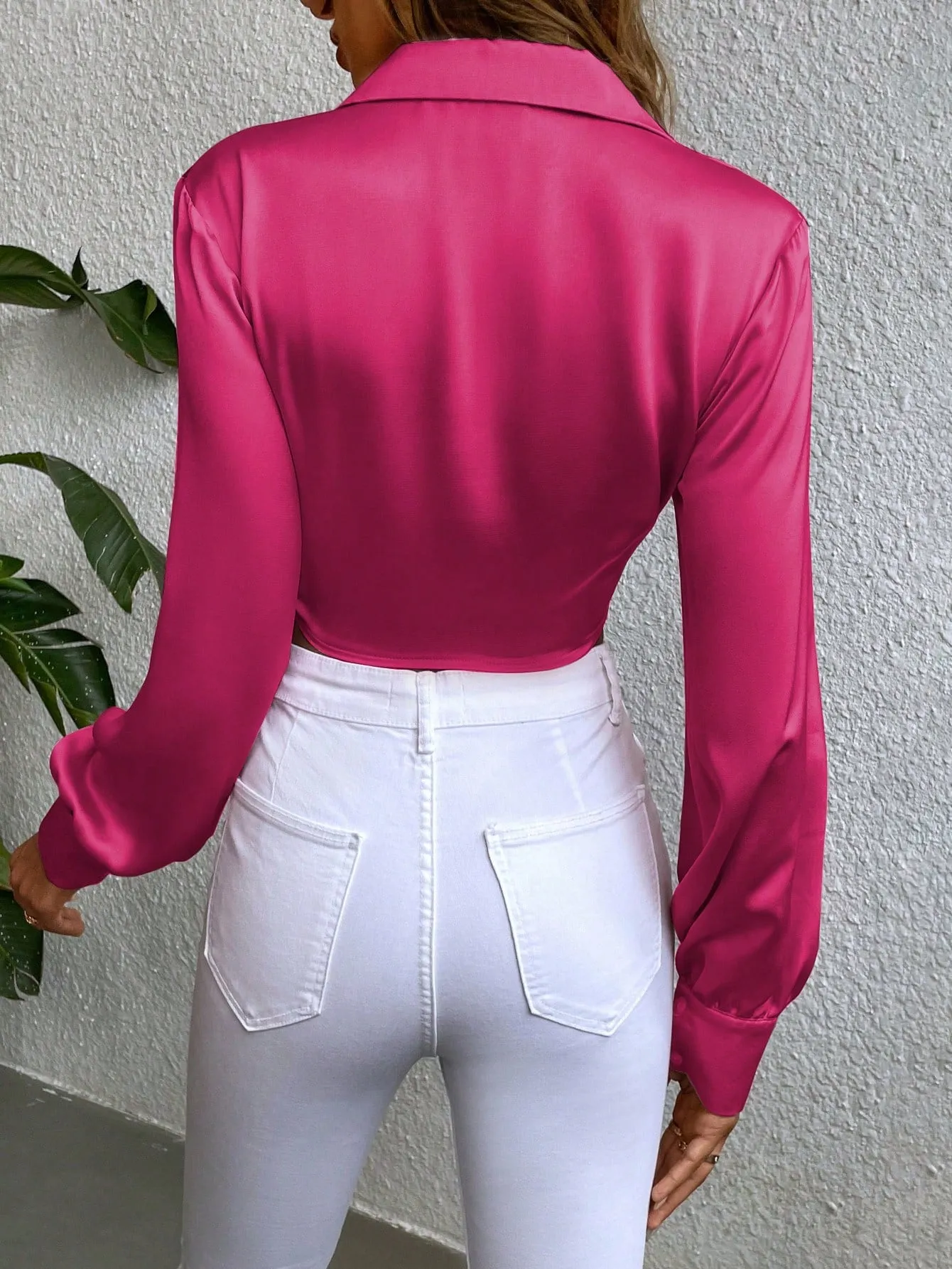 Lapel Neck Knot Front Crop Satin Blouse