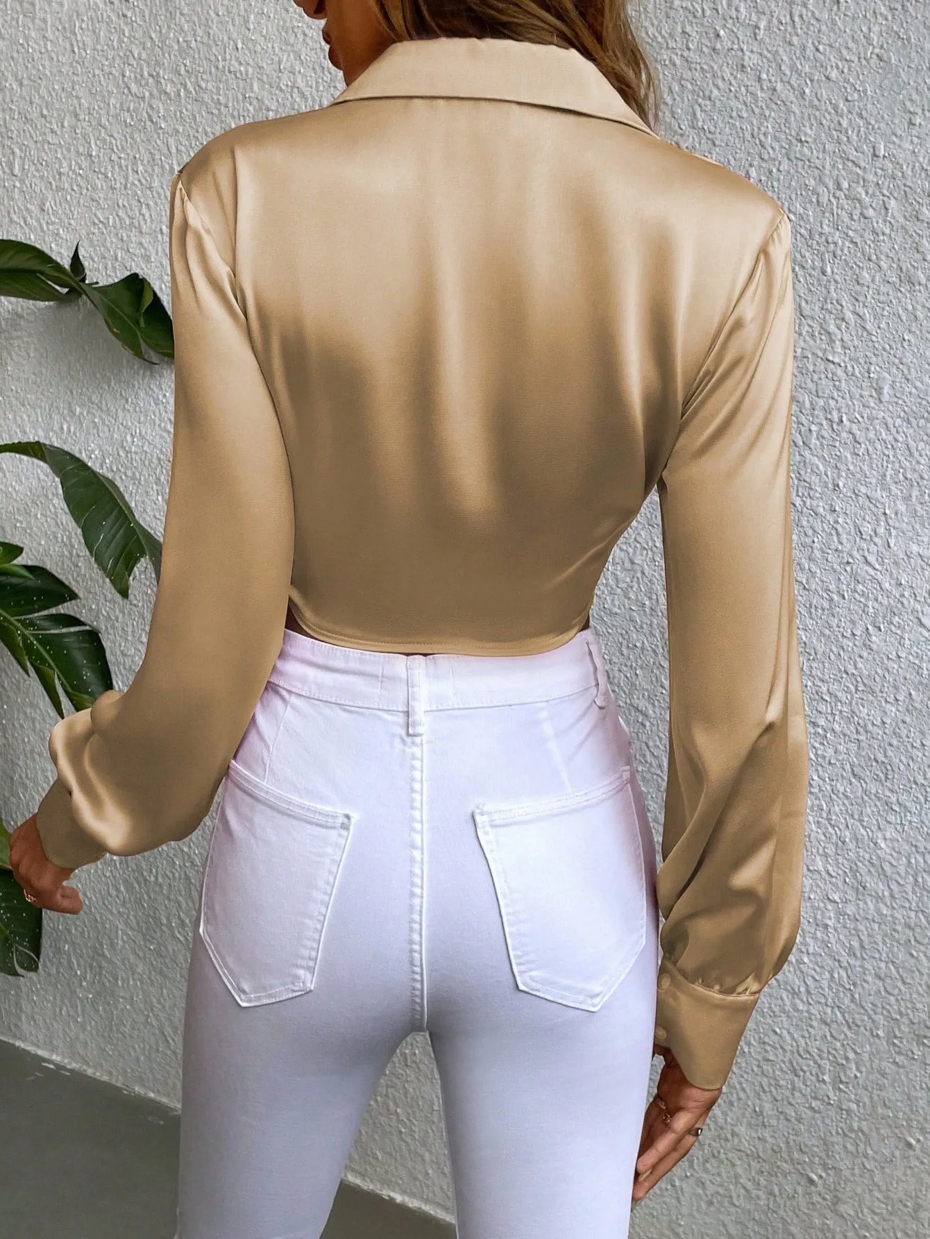 Lapel Neck Knot Front Crop Satin Blouse