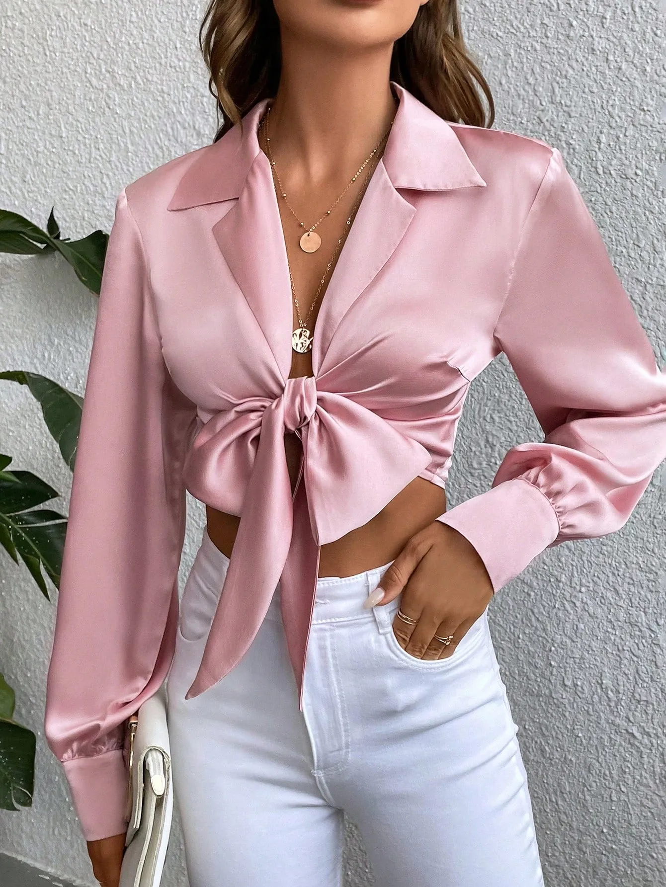 Lapel Neck Knot Front Crop Satin Blouse