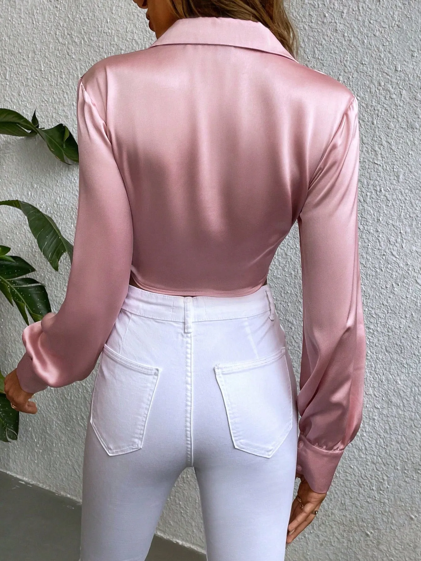 Lapel Neck Knot Front Crop Satin Blouse