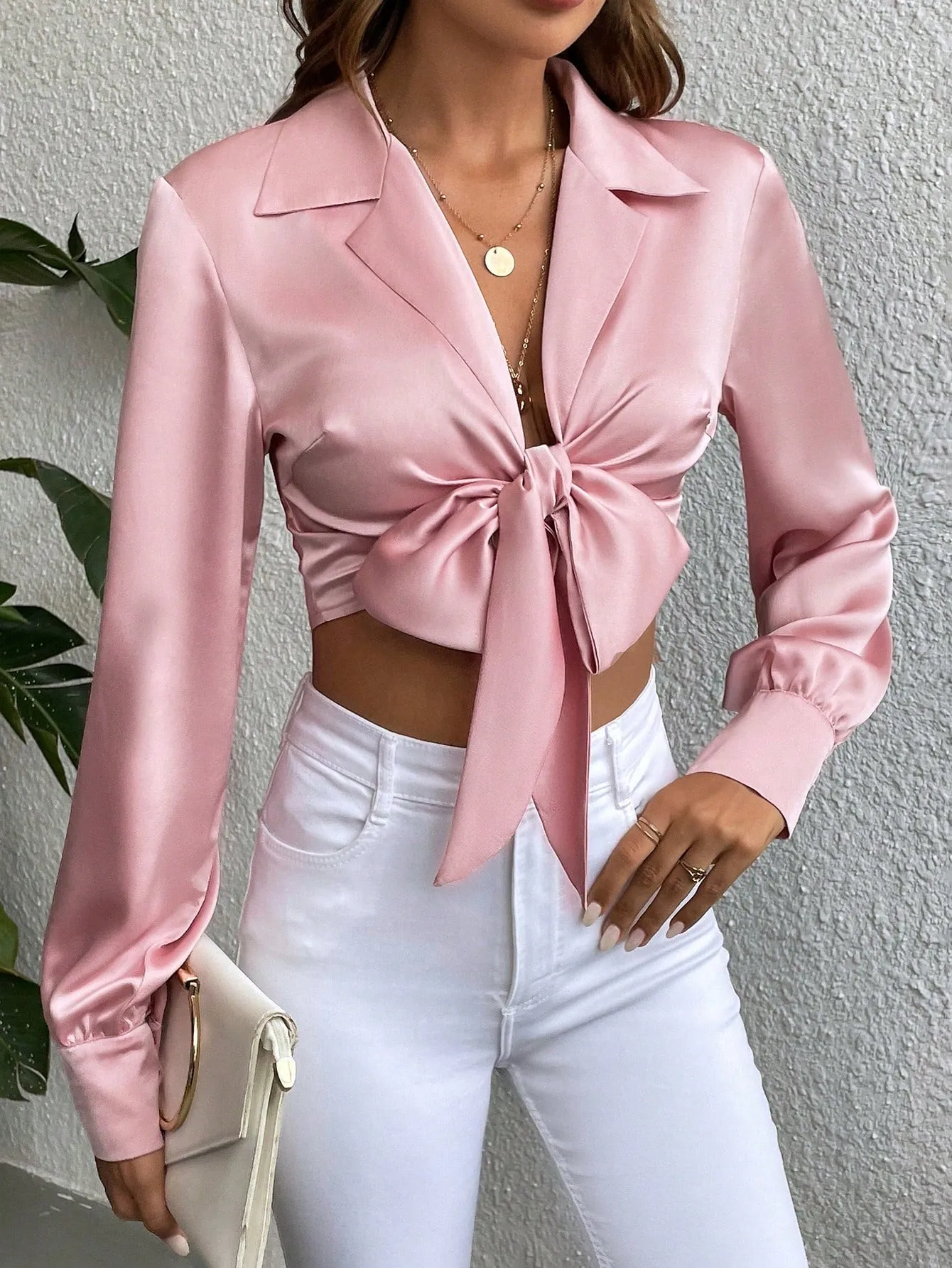 Lapel Neck Knot Front Crop Satin Blouse