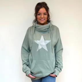 Luxury Cowl Neck Glitter Star Hoodie - Sage