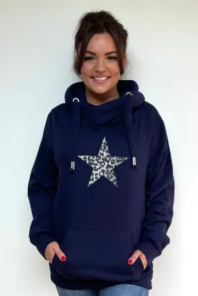 Luxury Cowl Neck Silver Leopard Star Hoodie - Midnight Blue