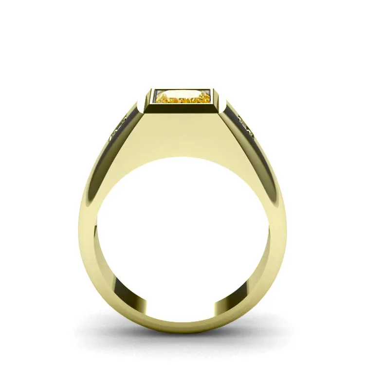 Men's Ring with 2.40ctw Rectangular Citrine and Genuine Diamonds in Yellow Gold-Plated Silver