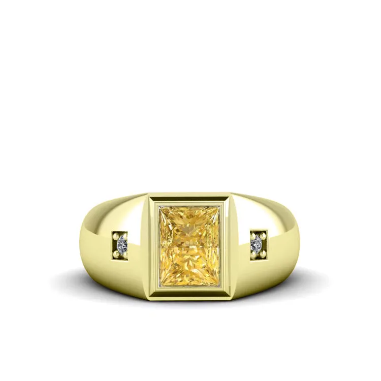 Men's Ring with 2.40ctw Rectangular Citrine and Genuine Diamonds in Yellow Gold-Plated Silver