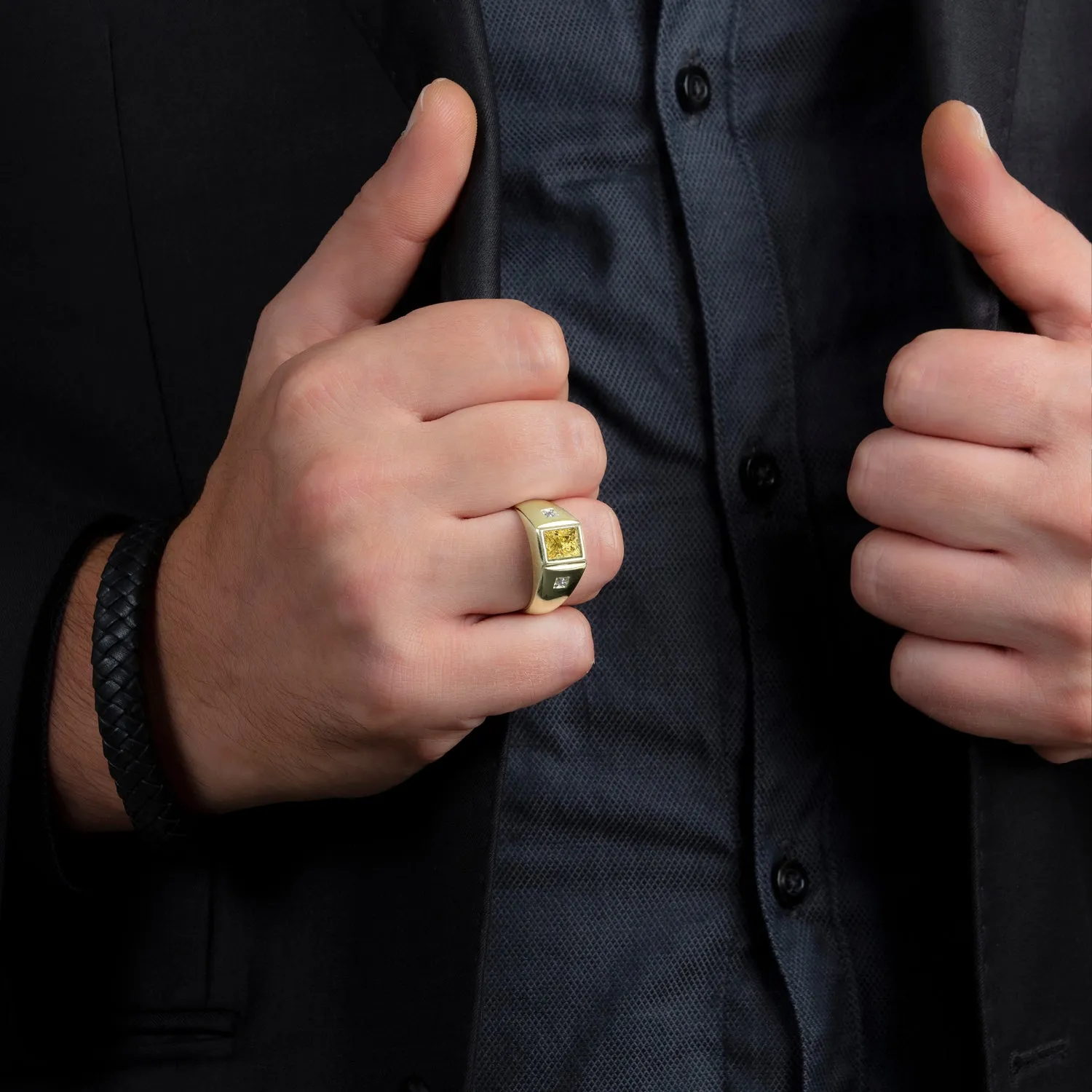 Men's Ring with 2.40ctw Rectangular Citrine and Genuine Diamonds in Yellow Gold-Plated Silver