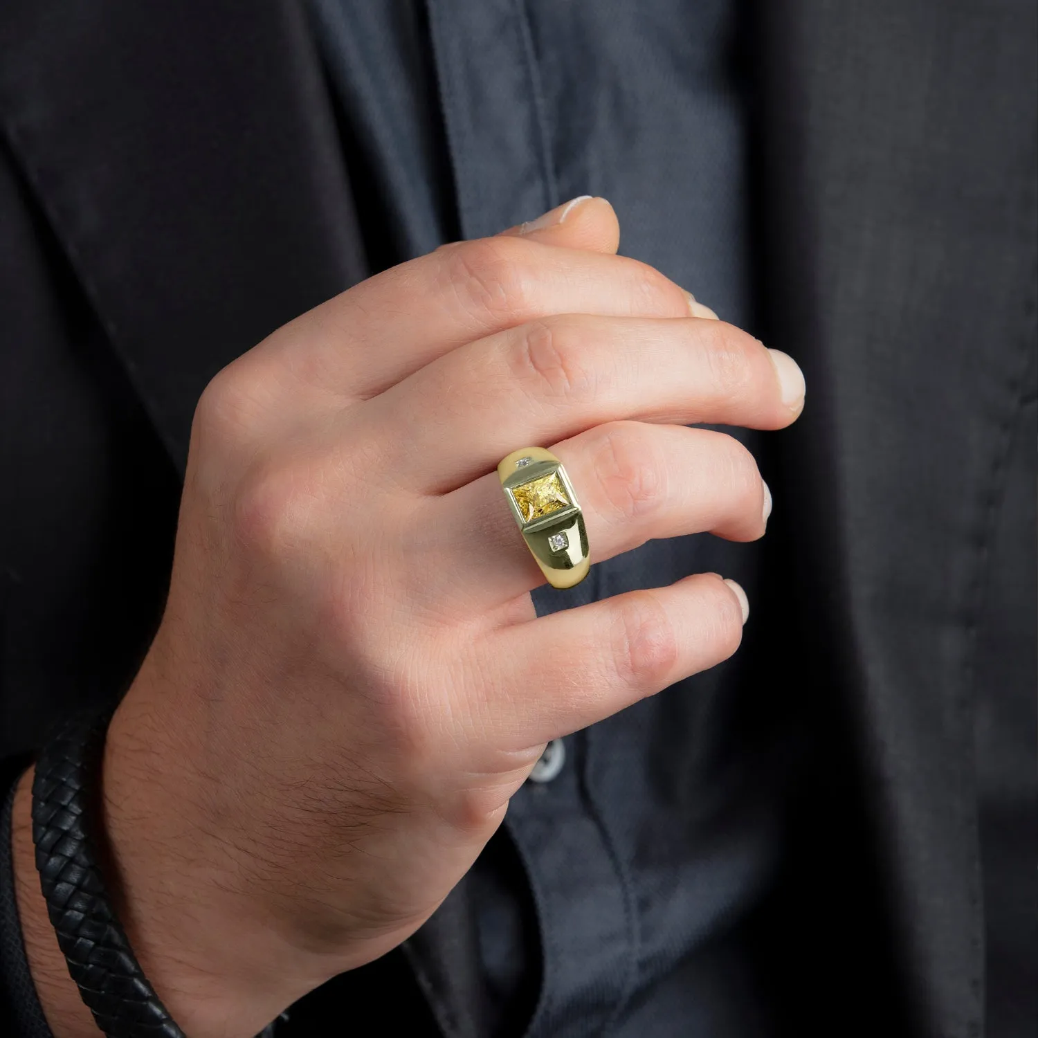 Men's Ring with 2.40ctw Rectangular Citrine and Genuine Diamonds in Yellow Gold-Plated Silver