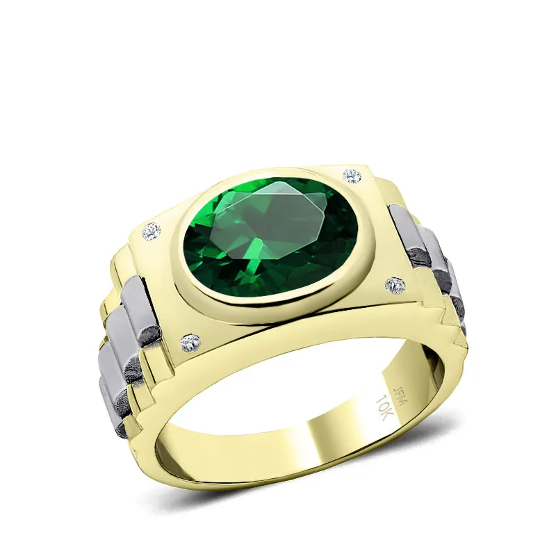 Men's Silver Ring with Green Stone and Natural Diamonds Yellow Gold Plated Fine Jewelry