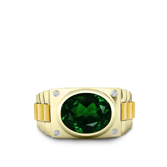 Men's Silver Ring with Green Stone and Natural Diamonds Yellow Gold Plated Fine Jewelry