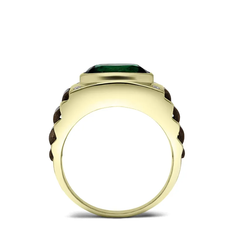 Men's Silver Ring with Green Stone and Natural Diamonds Yellow Gold Plated Fine Jewelry