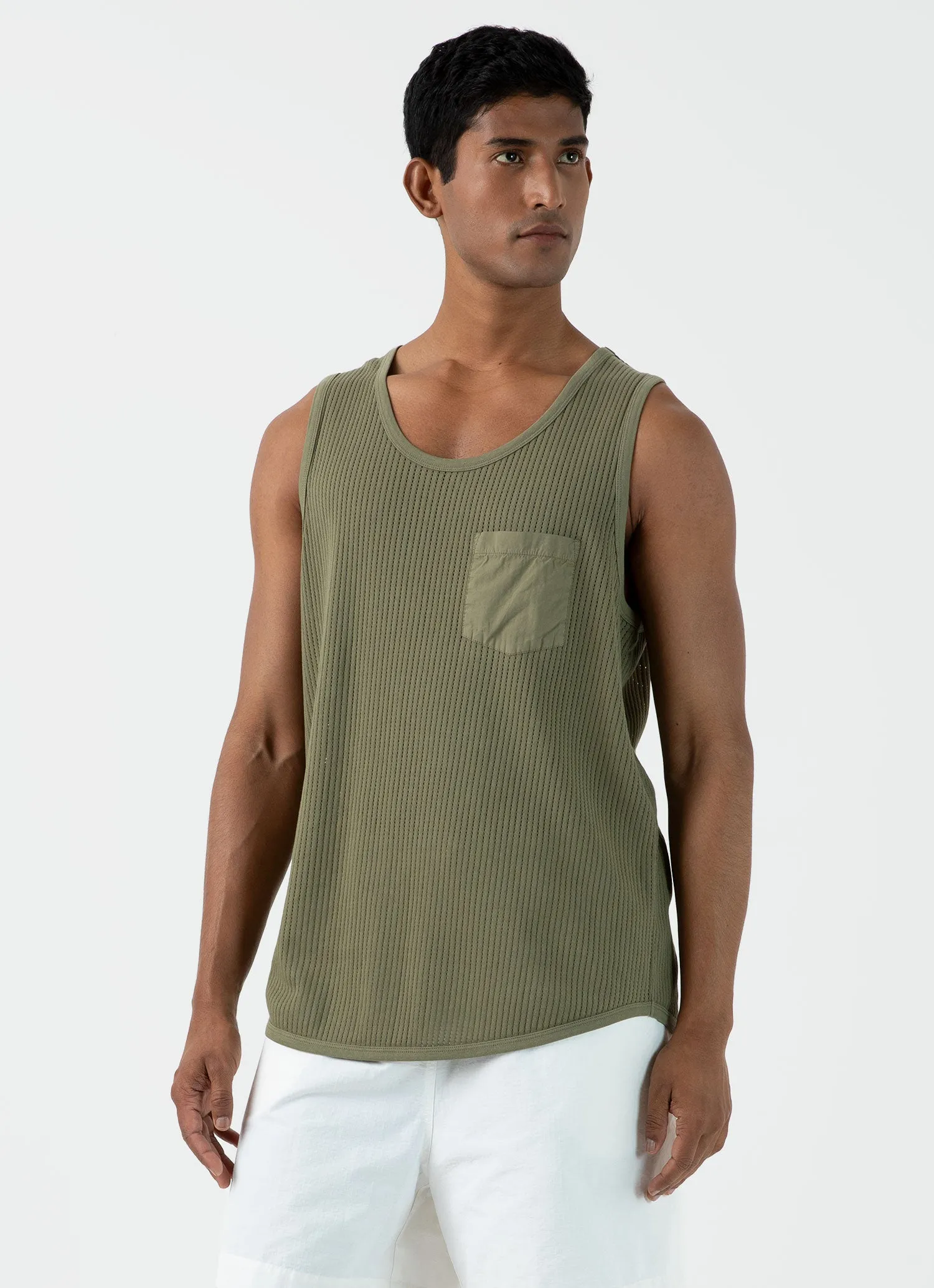 Men's Sunspel x Nigel Cabourn Mesh Vest in Army Green