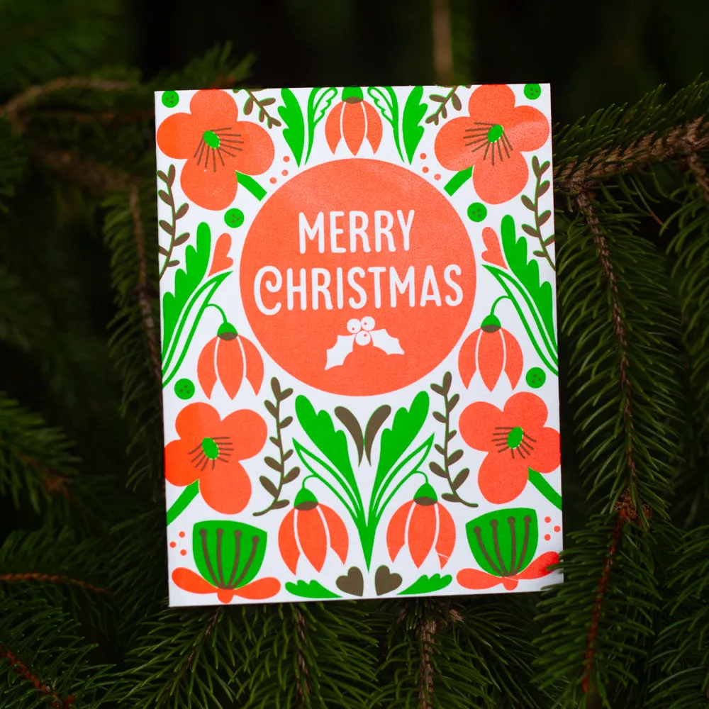 neon Christmas card, neon folk art inspired Christmas card, neon floral Christmas card