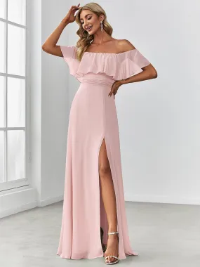 Off the Shoulder Ruffle Bodice Long Flowy Chiffon Bridesmaid Dress