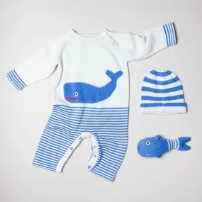 Organic Baby Gift Set | Handmade Newborn Long Romper, Hat & Rattle Toy | Whale