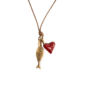 Pesci Che Volano Scorfano Fish and Red Heart Bronze Pendant