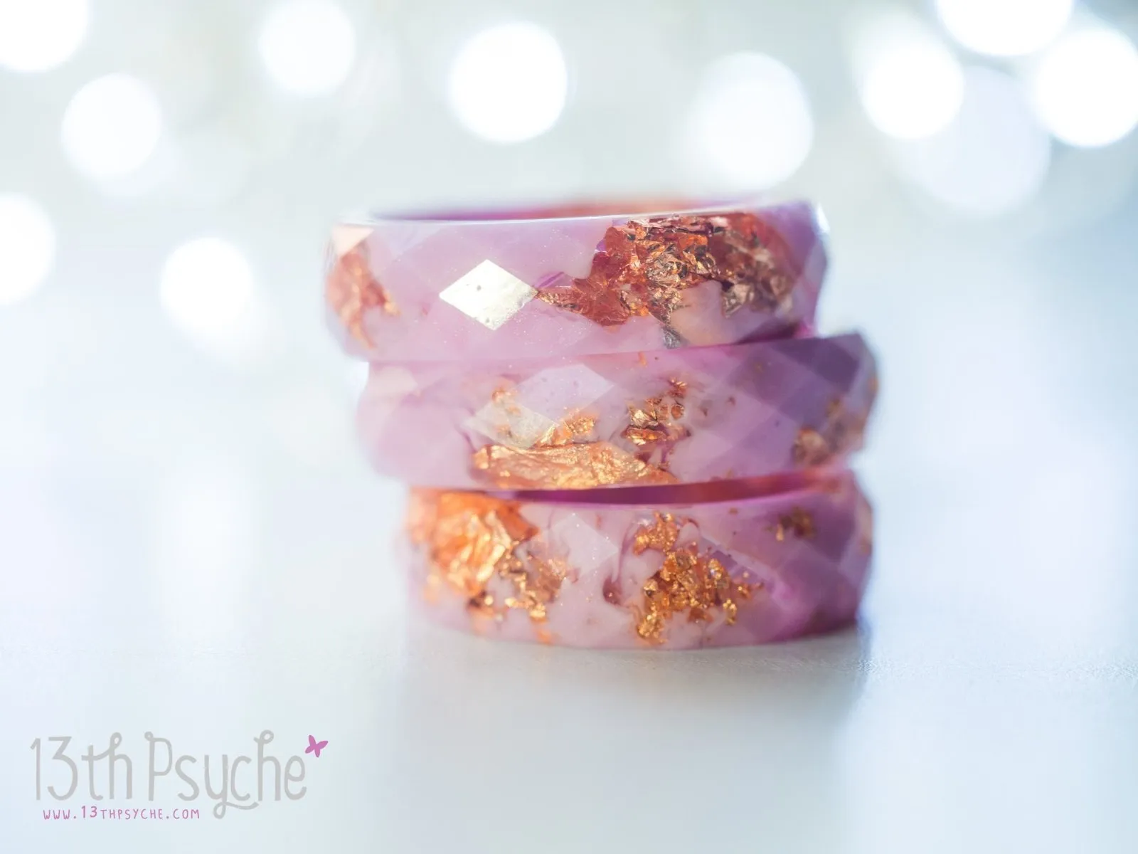 Pink and rose gold flakes faceted resin ring