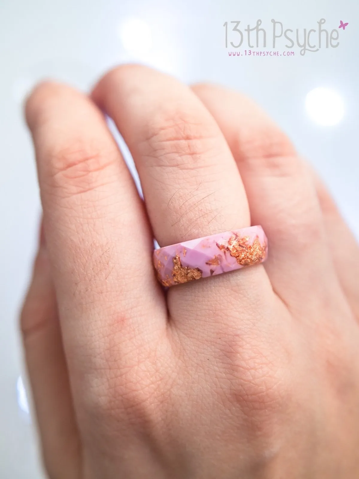 Pink and rose gold flakes faceted resin ring