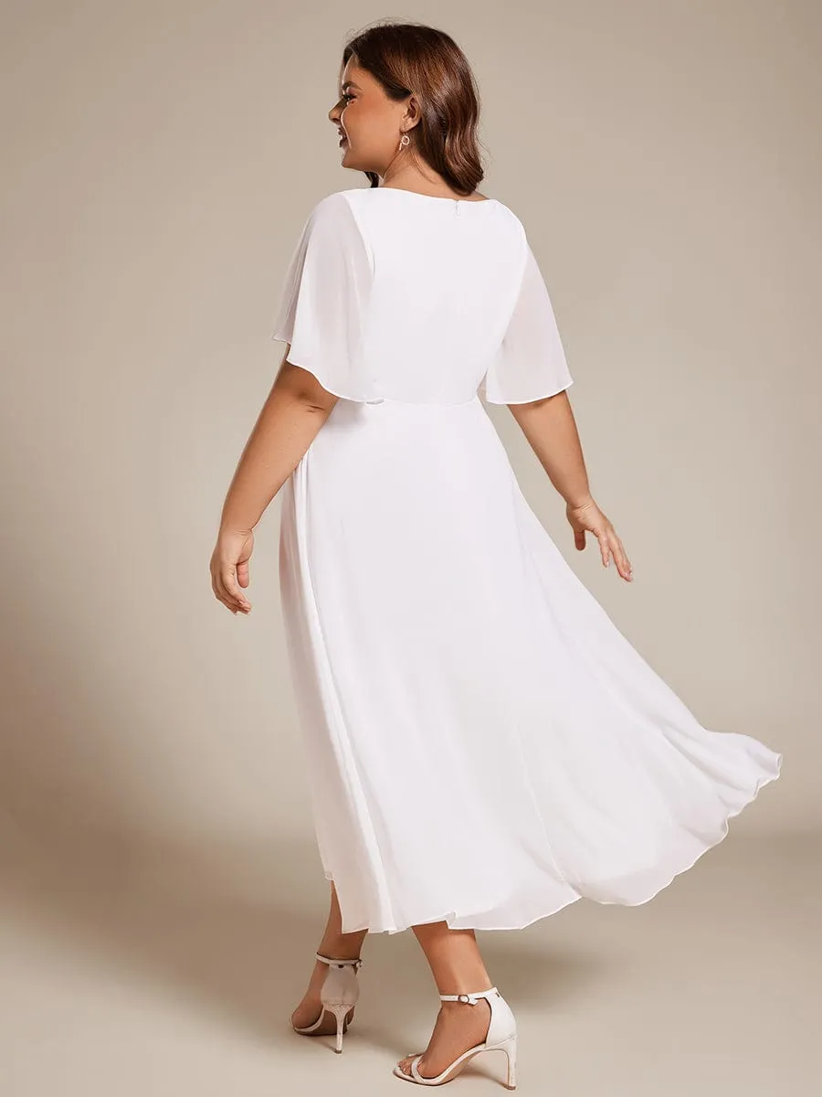 Plus Size Elegant Short Sleeves V-Neck Floral Applique Wedding Guest Dress