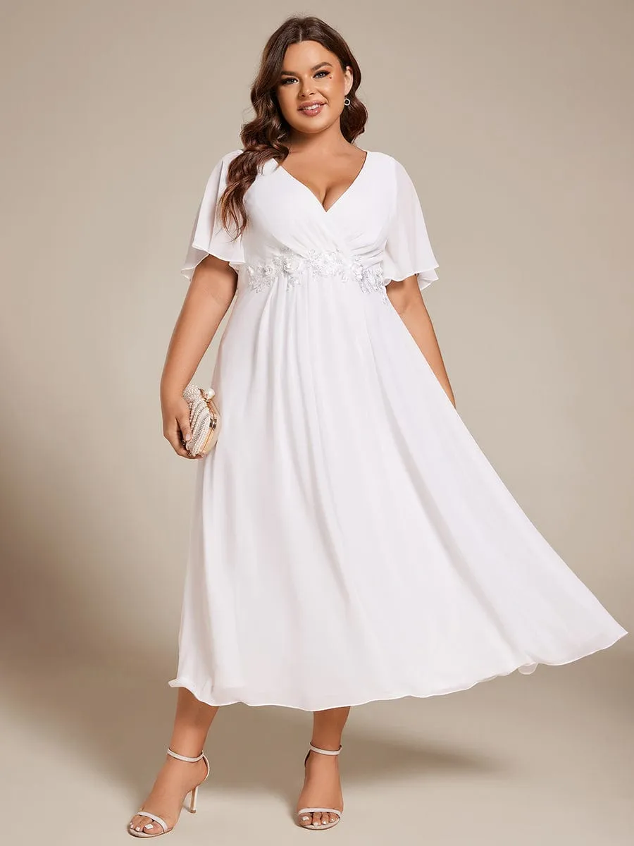 Plus Size Elegant Short Sleeves V-Neck Floral Applique Wedding Guest Dress